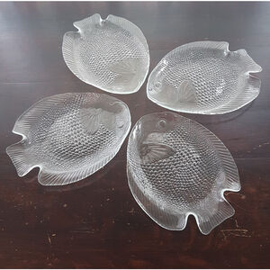 4pc Arcoroc France Fish-Shaped Clear Glass Plates Set Nautical Beach Ocean Decor